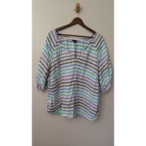 Talbots Plus Linen Top 3X Striped Relaxed Beachy Casual Coastal Colorful Boho